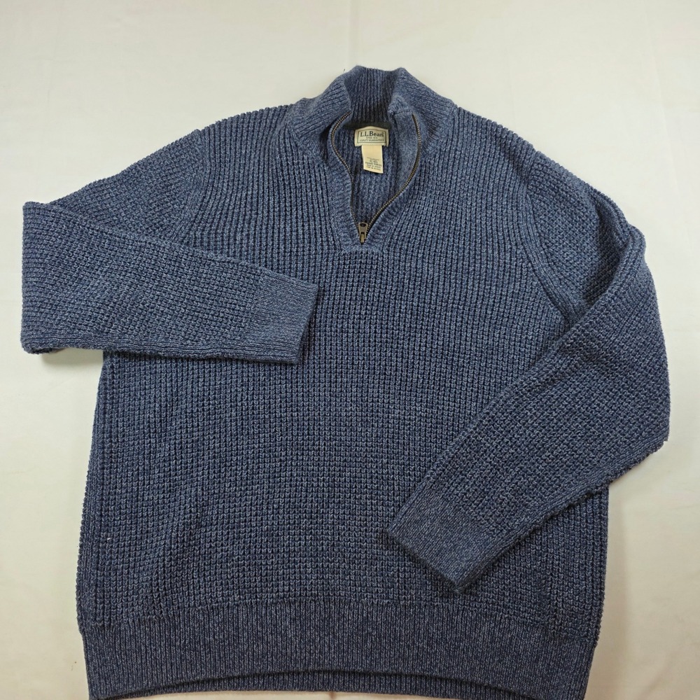 LL Bean Mens XL Blue Organic Cotton Shaker Stitch Quarter Zip Sweater 508120